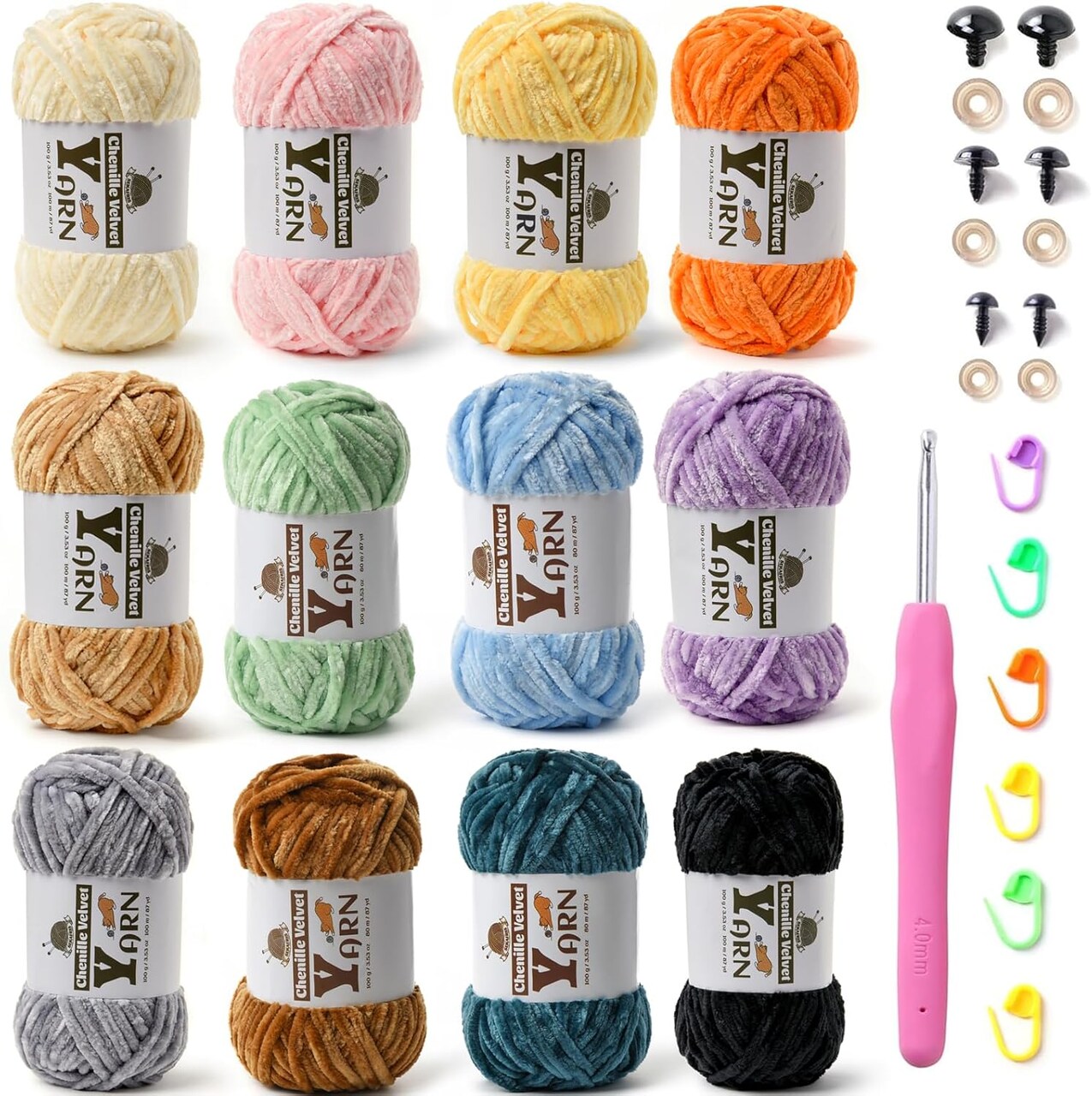 12-Pack Multicolor Chenille Crochet Yarn Kit – Fluffy Chunky Velvet Yarn for Crochet & Knitting, Soft Polyester Baby Yarn for Amigurumi, Blankets & DIY Crafts (100g / 87 yds Each) with Crochet Hook, Stitch Markers & Safety Eyes